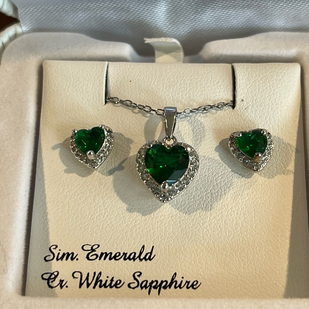 Sterling silver emerald white sapphire, necklace and earring set